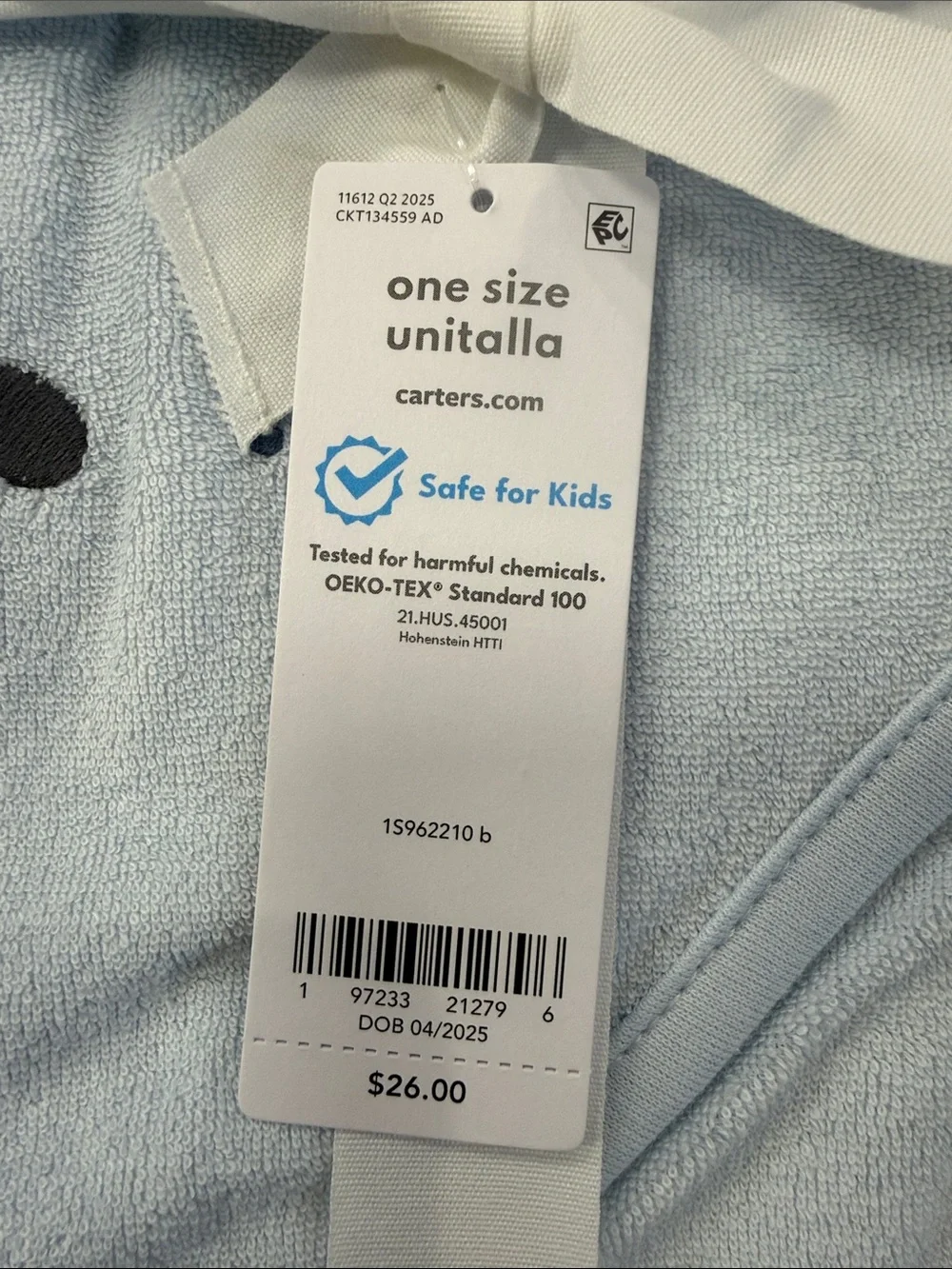 Carter's Light Blue Hooded Baby Towel with Cream Trim.  Two towels